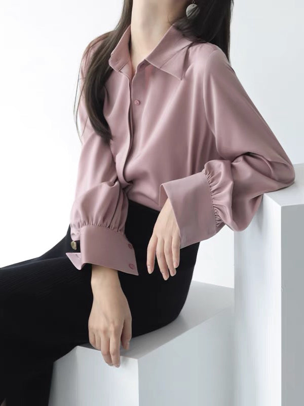 flowersverse Casual Long Sleeves Loose Solid Color Lapel Collar Blouses&Shirts Tops