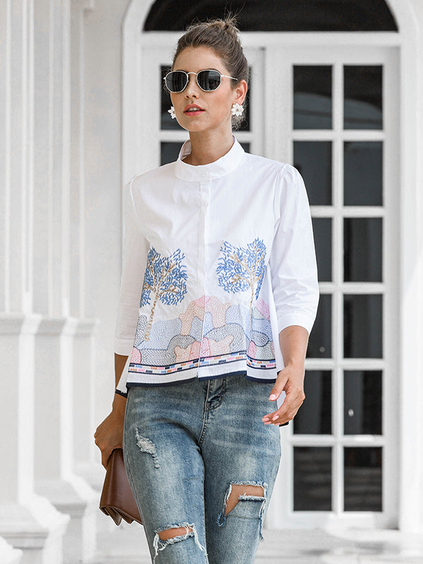 flowersverse Casual Three-Quarter Sleeves Loose Embroidered Stand Collar Blouses&Shirts Tops
