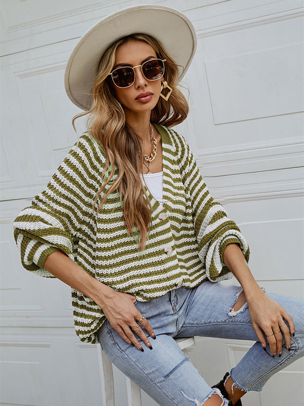 flowersverse Casual Loose Long Sleeves Striped V-Neck Cardigan Tops