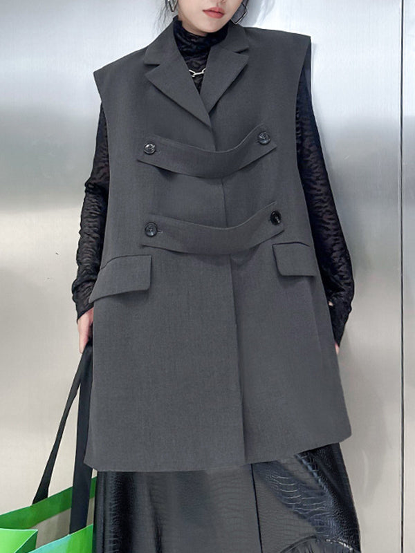 flowersverse Buttoned Pockets Split-Side Loose Sleeveless Notched Collar Vest Outerwear