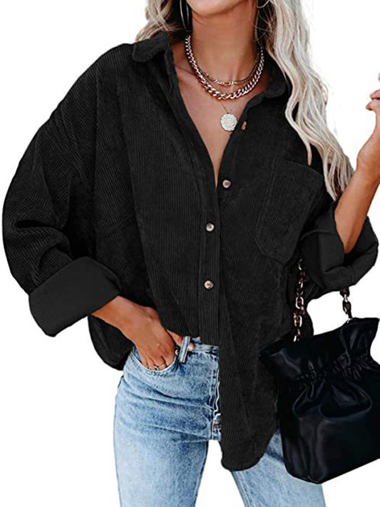 flowersverse Vintage Split-Joint Solid Color Corduroy Blouse