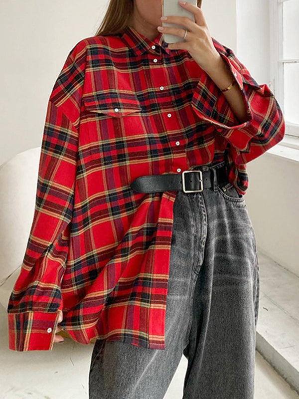 flowersverse Buttoned Plaid Long Sleeves Loose Lapel Blouses&Shirts Tops
