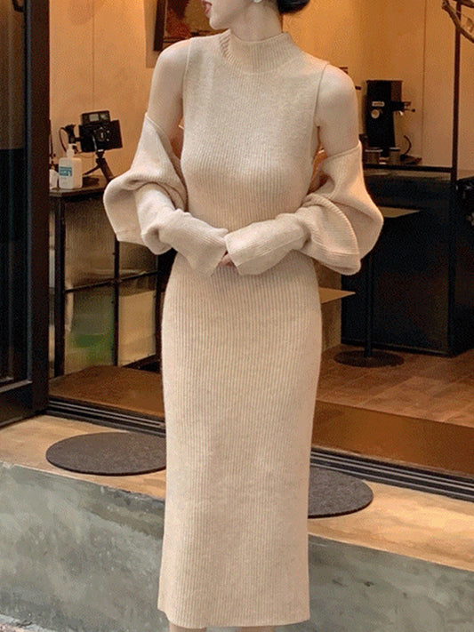 flowersverse Mock Neck Long Sleeves Solid Color Cardigan Top + High Waisted Sweater Dress Two Pieces Set