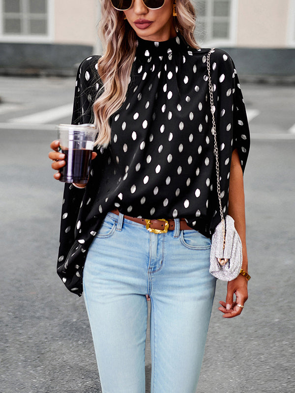 flowersverse Bandage Polka Dot Loose Round-Neck Blouses&Shirts Tops