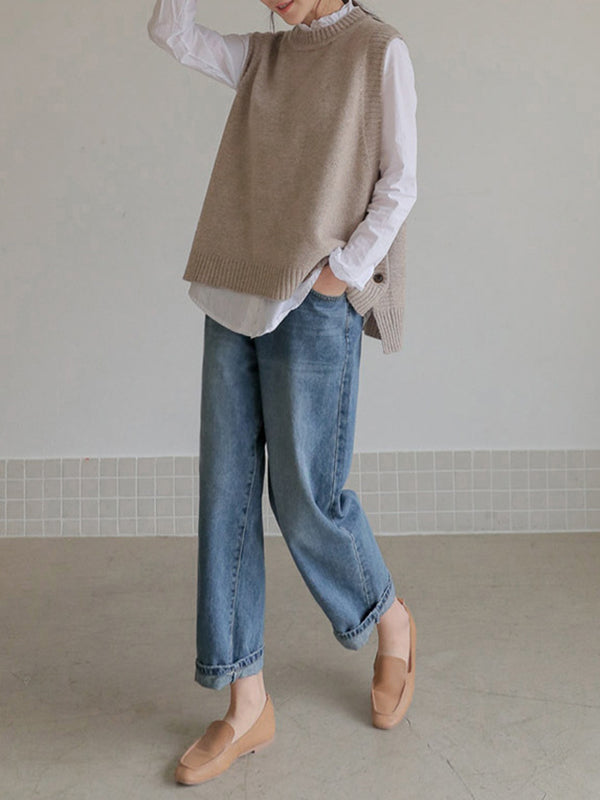 flowersverse Simple Sleeveless Loose Buttoned Solid Color Round-Neck Sweater Vest Outerwear