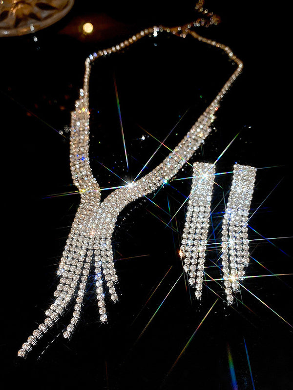 flowersverse Rhine Stones 2 pieces Tasseled Necklaces Accessories Earrings Accessories