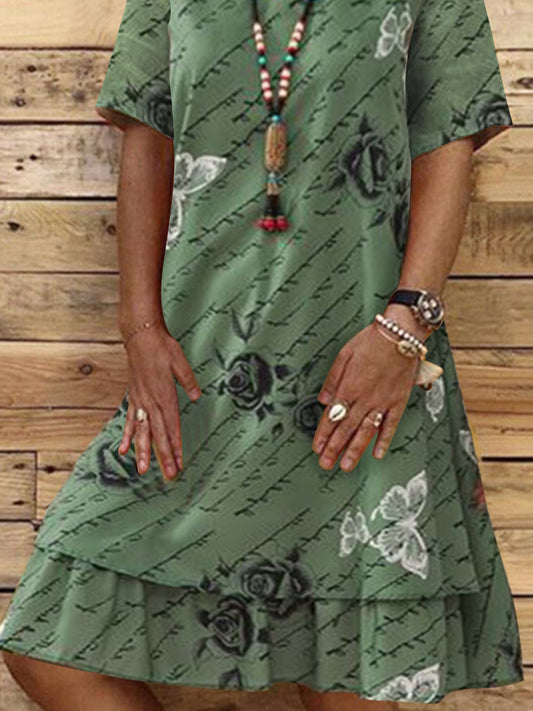 flowersverse Summer new leisure two-piece butterfly and rose A-Line Short Sleeve Casual Weaving Dress