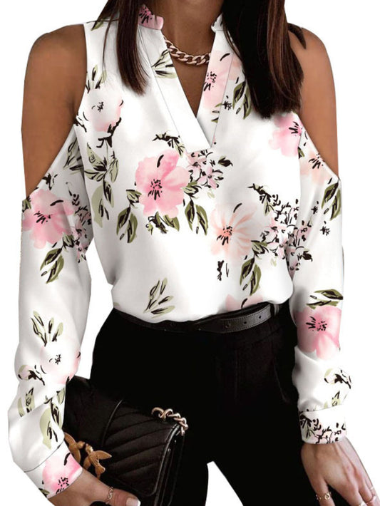 flowersverse Original Creation Long Sleeves Loose Floral Printed Hollow V-Neck Blouses&Shirts Tops