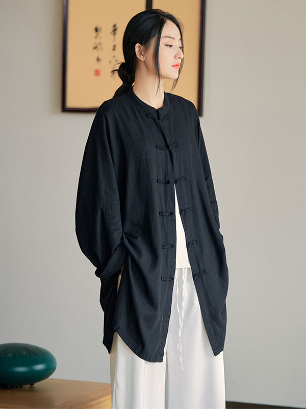 flowersverse Artistic Retro Loose Solid Color Linen Blouse