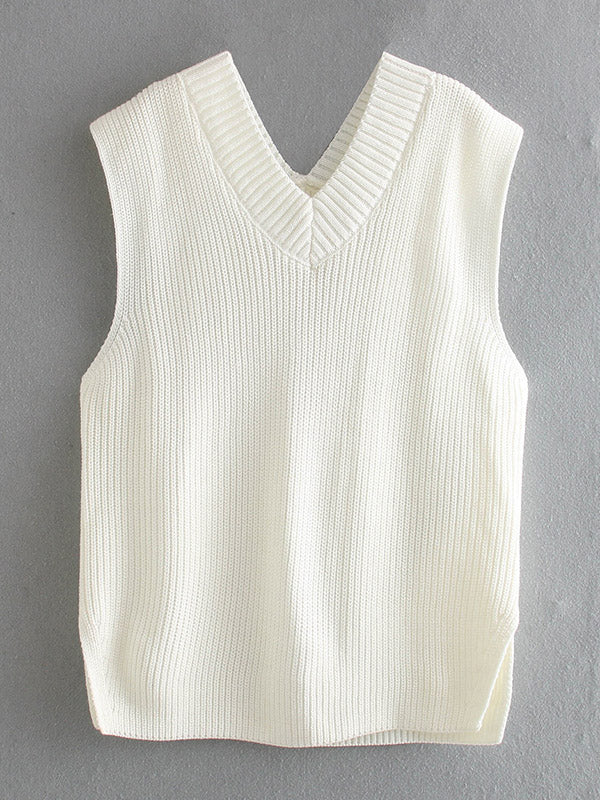 flowersverse 4 Colors V-Neck Simple Split-Side Sleeveless Knitted Vest