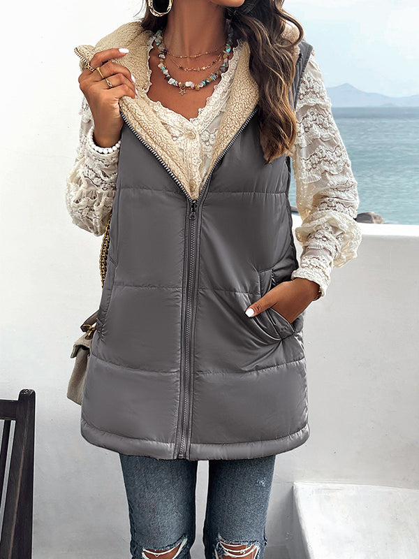 flowersverse Loose Sleeveless Pockets Quilted Reversible Zipper Hooded Padded Vest Vest Outerwear