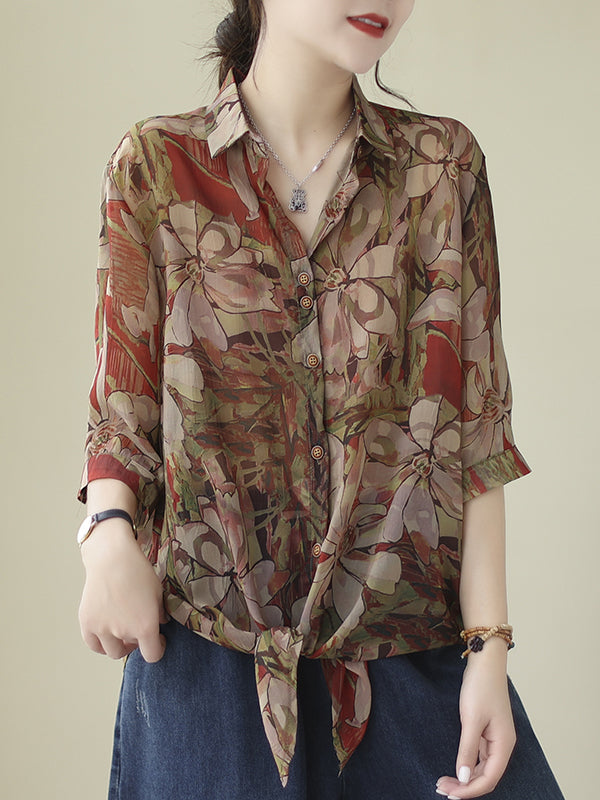 flowersverse Buttoned Flower Print Tied Long Sleeves Loose Lapel Blouses&Shirts Tops