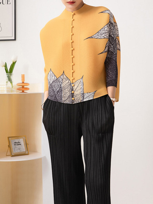 flowersverse Buttoned Leaves Print Long Sleeves Loose Round-Neck Outerwear