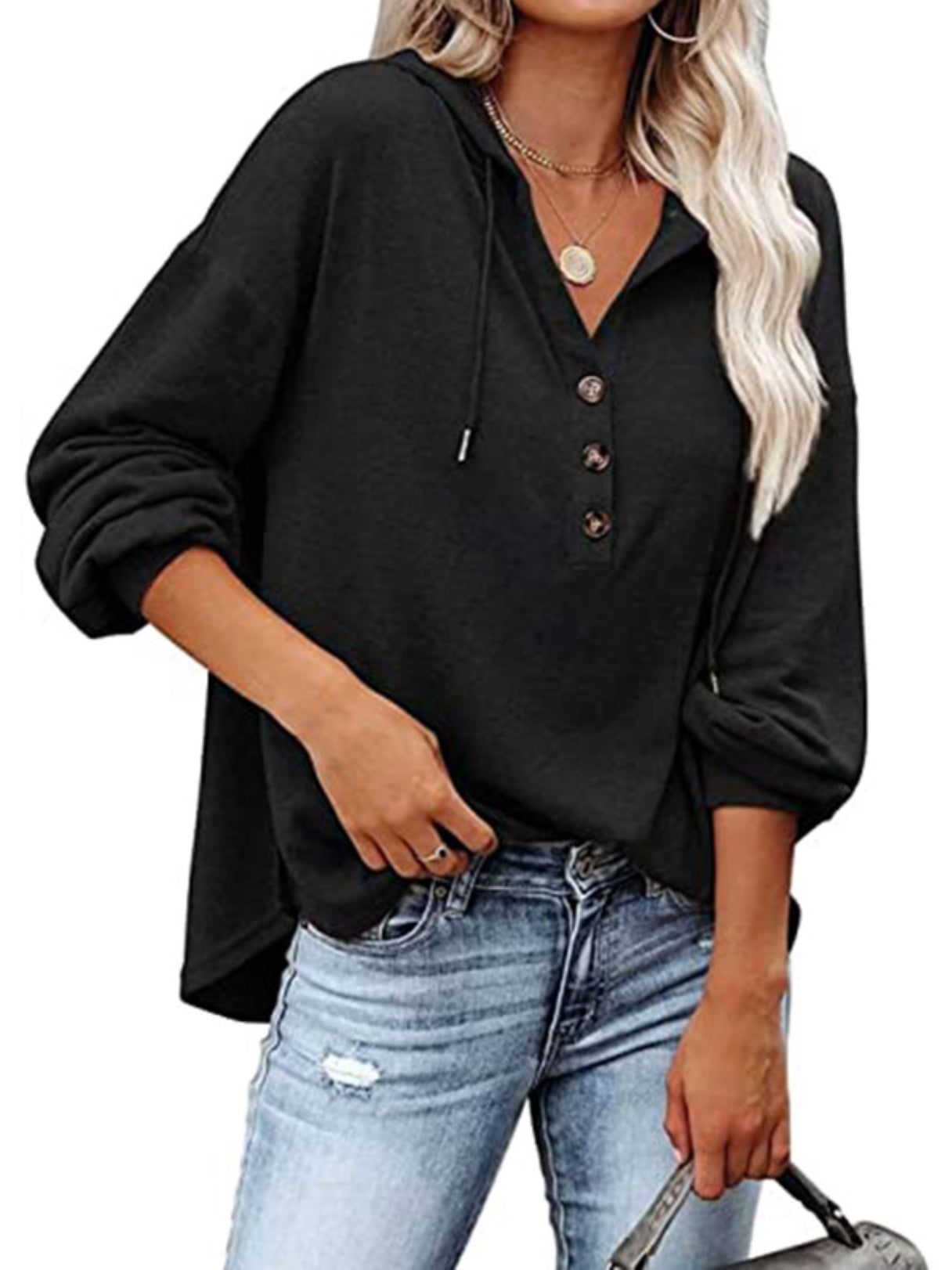 flowersverse Loose Casual 7 Colors Buttoned Drawstring Hooded V-Neck Long Sleeves Hoodies
