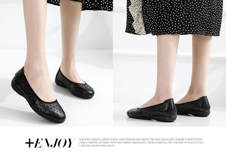 flowersverse Spring Genuine Leather Flat Summer Shoes Women Casual Hollow Breathable Soft Bottom Ladies Flats Plus Size 35-43