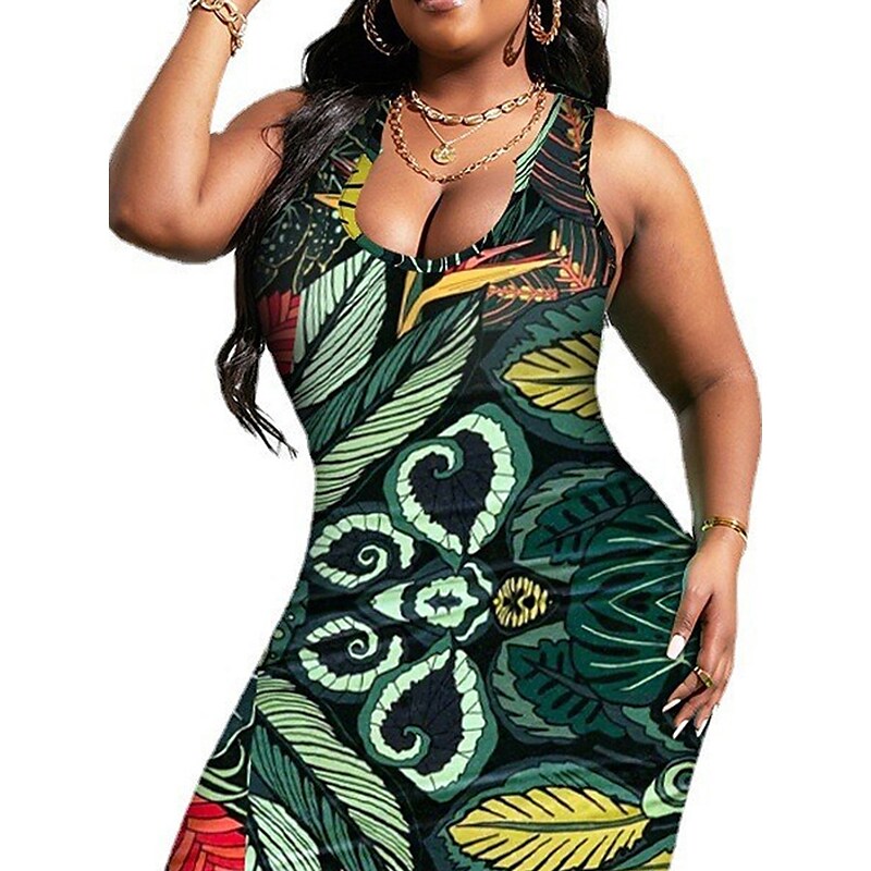 flowersverse Women's Plus Size Casual Dress Bodycon Sheath Dress Leaf Long Dress Maxi Dress Sleeveless Print U Neck Sexy Outdoor Green Spring Summer XL XXL 3XL 4XL 5XL