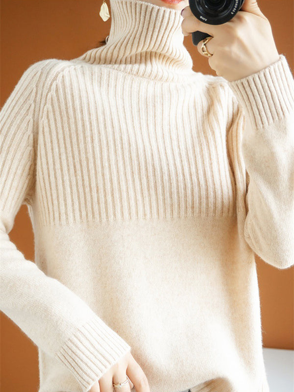 flowersverse Casual Long Sleeves Loose Solid Color High-Neck Sweater Tops