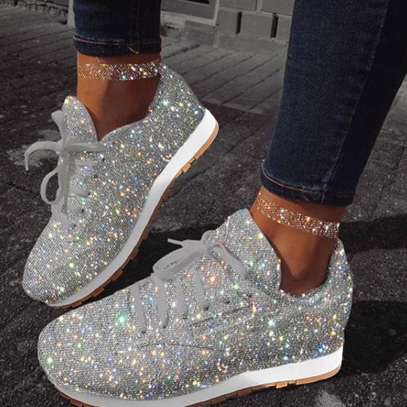 flowersverse Women Muffin Rhinestone New Crystal Platform Sneakers