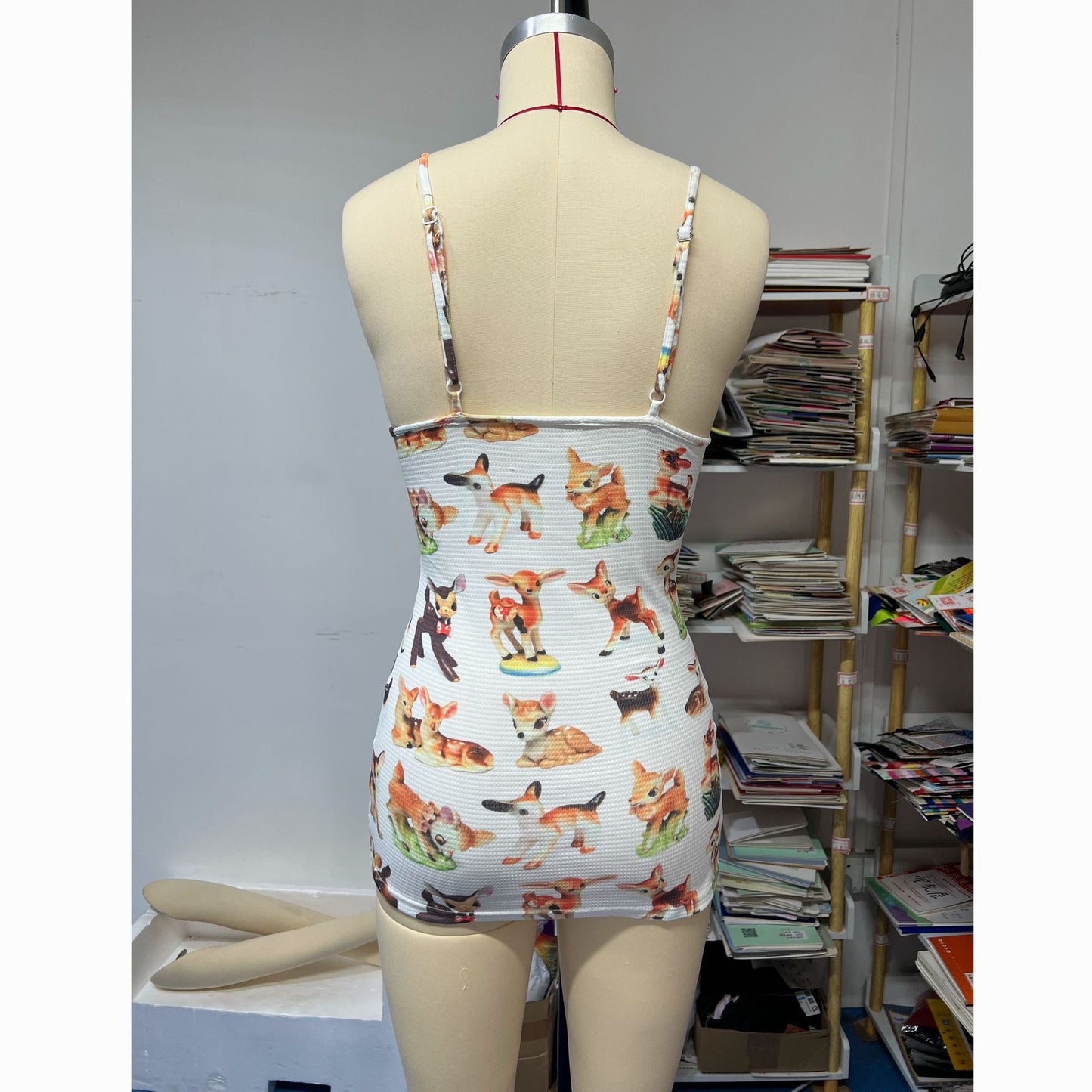 flowersverse Waffle Strap Dress Women's Summer Slim Waist Fawn Print Skirt Bodycon