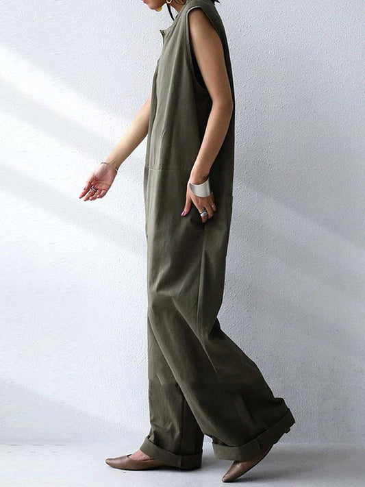 flowersverse Casual Solid Color Round-Neck Sleeveless Wide Leg Jumpsuits