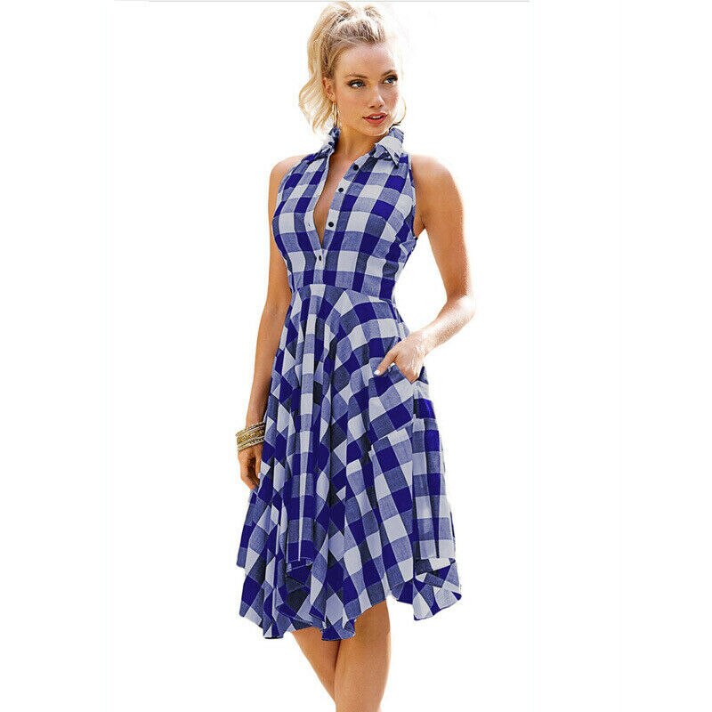 flowersverse Women Summer Casual Dress OL Ladies Sleeveless Plaid Shirt Dress Elegant Women Party Pleated Irregular Dress Lady Clothes