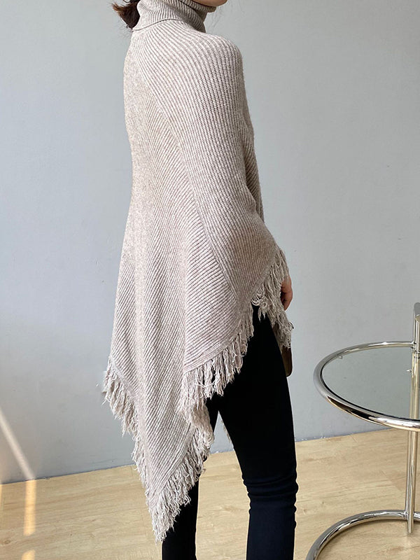 flowersverse Casual Loose Tasseled Solid Color High-Neck Sweater Tops