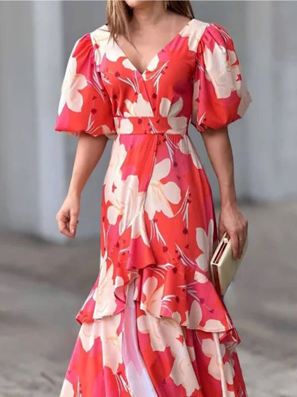 flowersverse Elegant V-Neck Printed Layered Dress