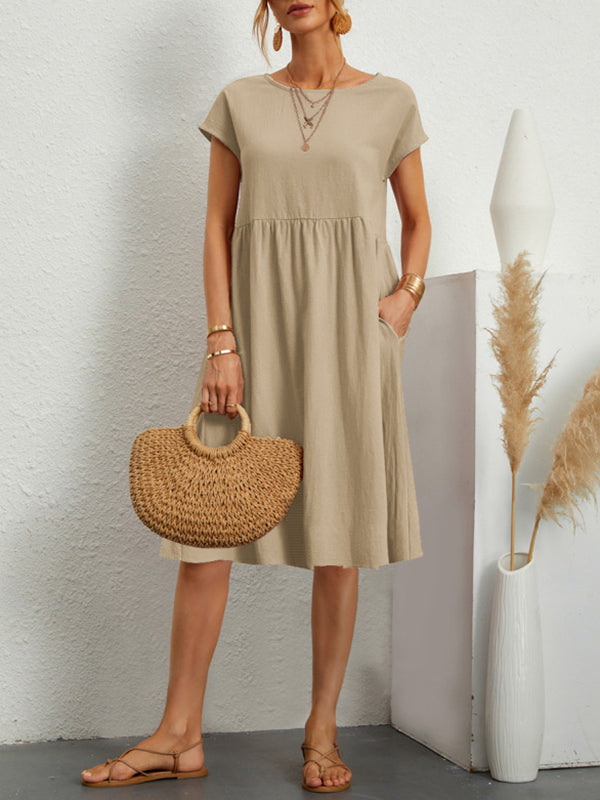 flowersverse 11 Colors Round-Neck Solid Color A-Line Midi Dress