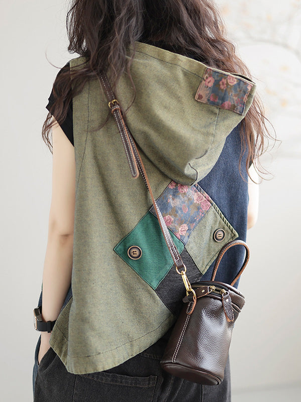 flowersverse Artistic Retro Loose Denim Sleeveless Buttoned Contrast Color Hooded Vest Outerwear