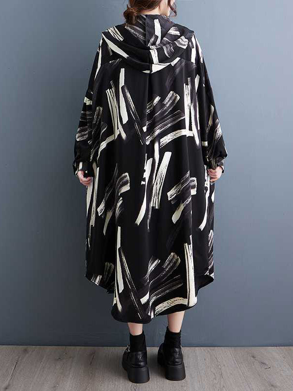 flowersverse Buttoned Hooded Printed Long Sleeves Loose Outerwear Midi Dresses