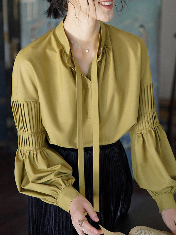 flowersverse Pleated Solid Color Tied Long Sleeves Loose Mock Neck Blouses&shirts Tops