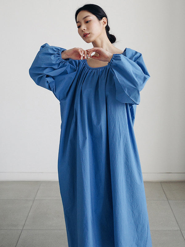 flowersverse Original Casual Loose Solid Color Pleated Puff Sleeves Midi Dress