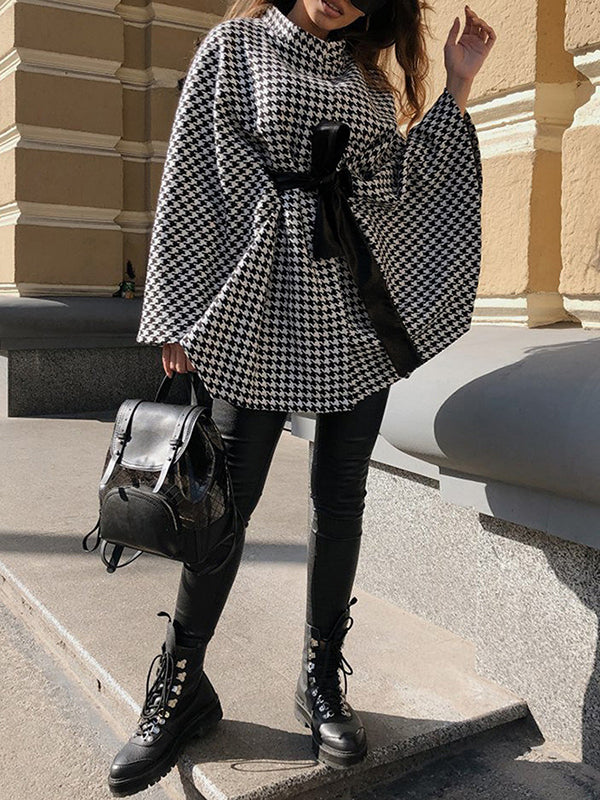 flowersverse Houndstooth Tied Waist Batwing Sleeves Long Sleeves Stand Collar Outerwear Cape