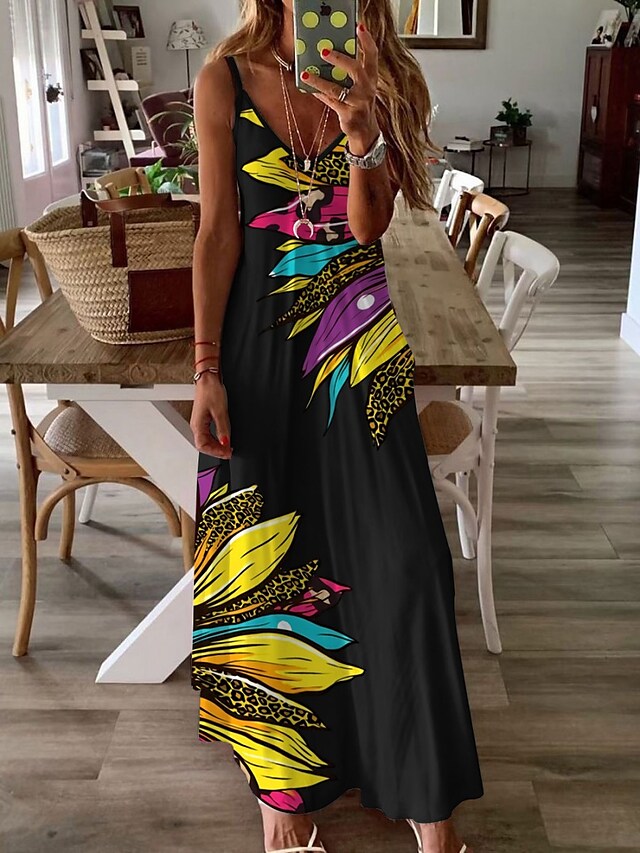 flowersverse Women's Long Dress Maxi Dress Casual Dress Swing Dress Graphic Casual Classic Vacation Beach Pocket Print Sleeveless Spaghetti Strap Dress Regular Fit Light Yellow Yellow Blue Spring Summer XS S M L
