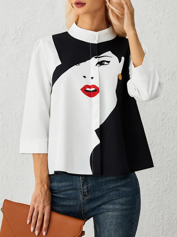 flowersverse Casual Three-Quarter Sleeves Figure Buttoned Printed Stand Collar Blouses&Shirts Tops