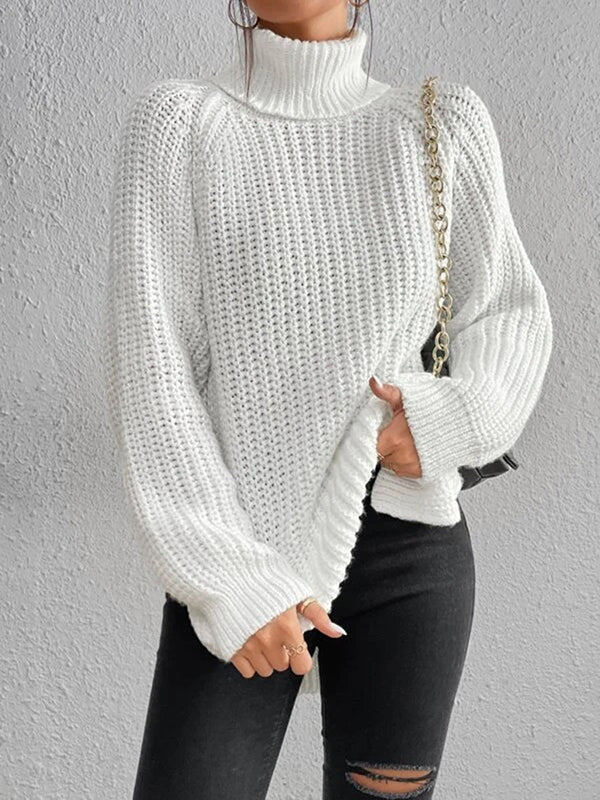 flowersverse Solid Color Split-side Long Sleeves Loose High Neck Sweater Tops Pullovers