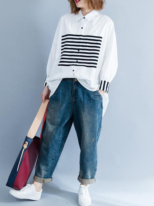 flowersverse Stripe Split-joint White Shirt