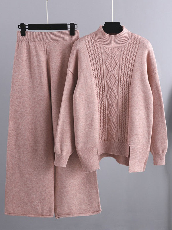 flowersverse Urban Loose Split-Side Half Turtleneck Sweater Tops& Wide Leg Pants Two Pieces Set