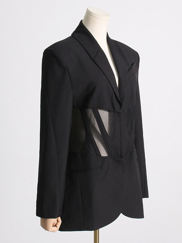 flowersverse Buckle Gauze See-Through Solid Color Split-Joint Long Sleeves Notched Collar Blazer