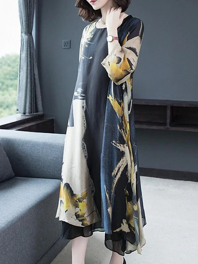 flowersverse Women's Shift Dress Maxi Long Dress - Long Sleeve Geometric Hot Slim Black