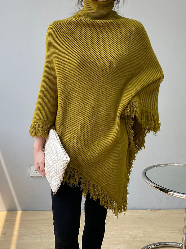 flowersverse Casual Loose Tasseled Solid Color High-Neck Sweater Tops