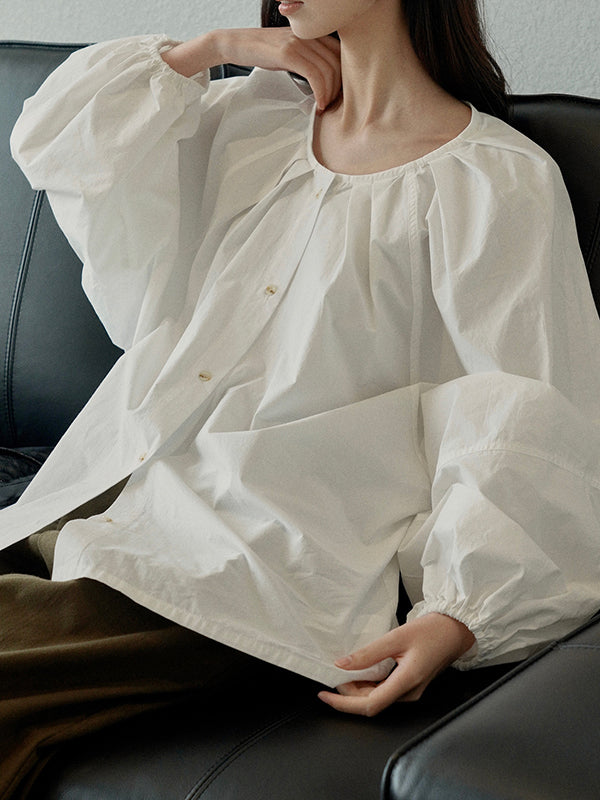 flowersverse Buttoned Elasticity Pleated Solid Color Bishop Sleeve Long Sleeves Round-Neck Blouses&Shirts Tops