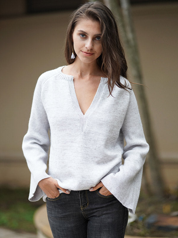 flowersverse Casual Long Sleeves Loose Solid Color V-Neck Sweater Tops