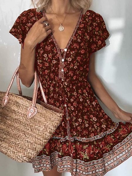 flowersverse Multicolor Short Sleeve Printed Casual Cotton Weaving Tunic Dress