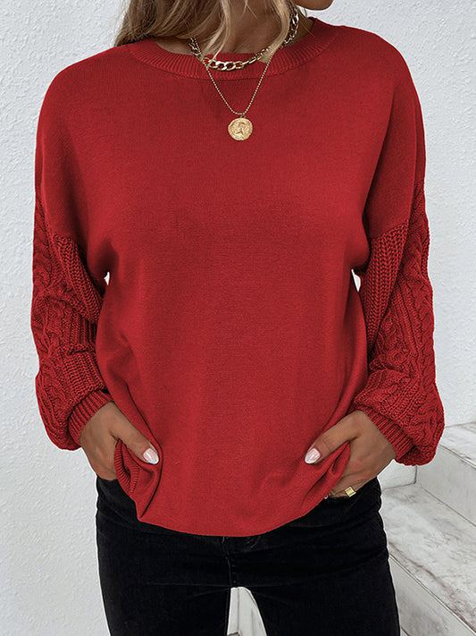 flowersverse Knitted Twist Long Sleeves Solid Color Round-Neck Sweater Tops
