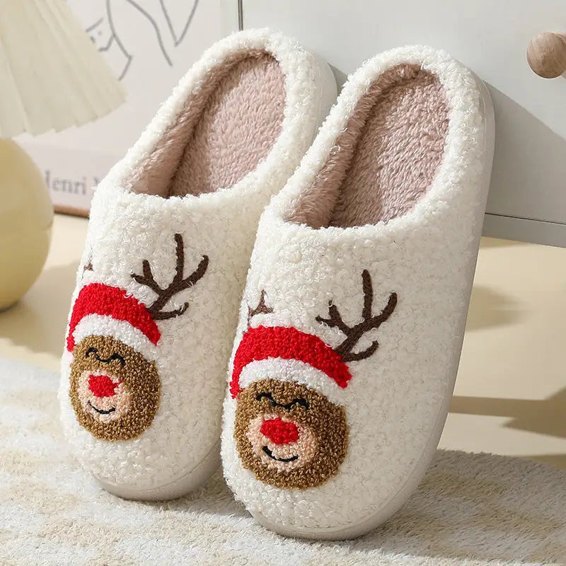 flowersverse Christmas Home Slippers Cute Cartoon Santa Claus Cotton Slippers For Women And Men Couples Winter Warm Furry Shoes