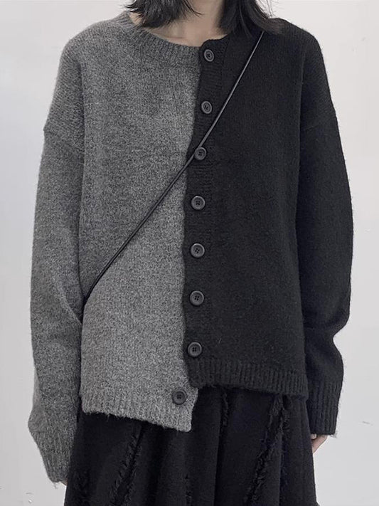 flowersverse Asymmetric Buttoned Contrast Color Split-Joint Long Sleeves Loose Round-Neck Cardigan Tops