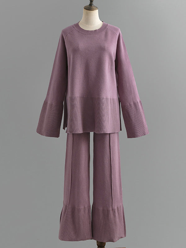 flowersverse Casual Long Sleeves Loose Solid Color Round-Neck Sweater Tops & Wide Leg Pants Two Pieces Set