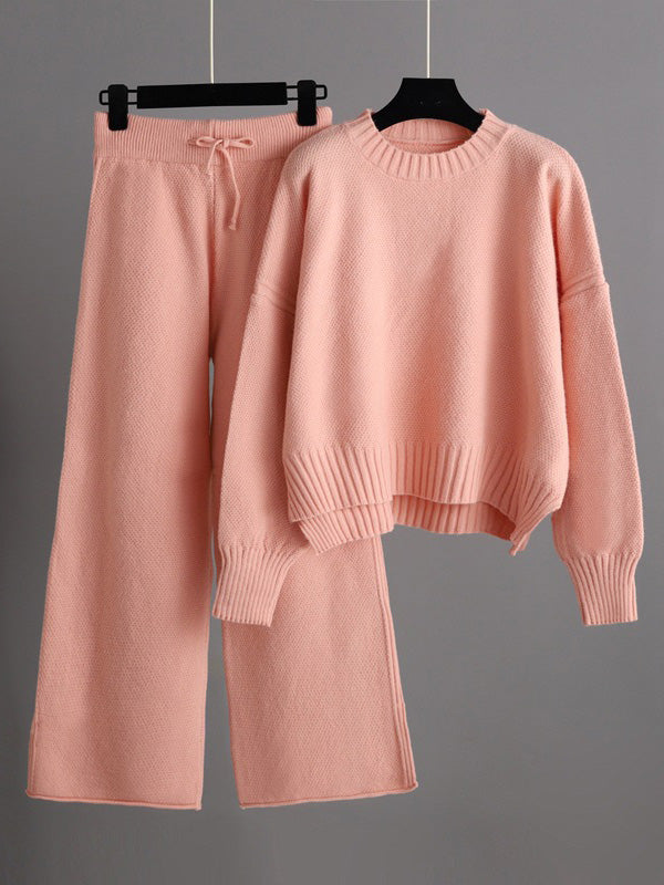 flowersverse Stylish Loose High-Low Long Sleeves Solid Color Round-Neck Sweater Tops& Wide Leg Pants Two Pieces Set