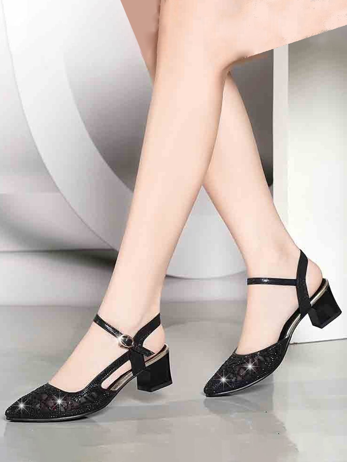 flowersverse Luxurious Rhinestone Mesh Hollow Thick Heel Banquet Dress High Heels